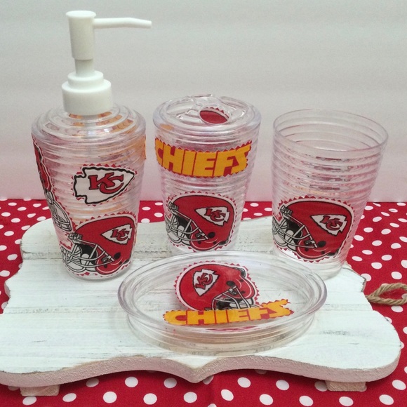Kansas City Chiefs inspired soap dispenser set/toothbrush holder/drinking glass - Picture 1 of 3
